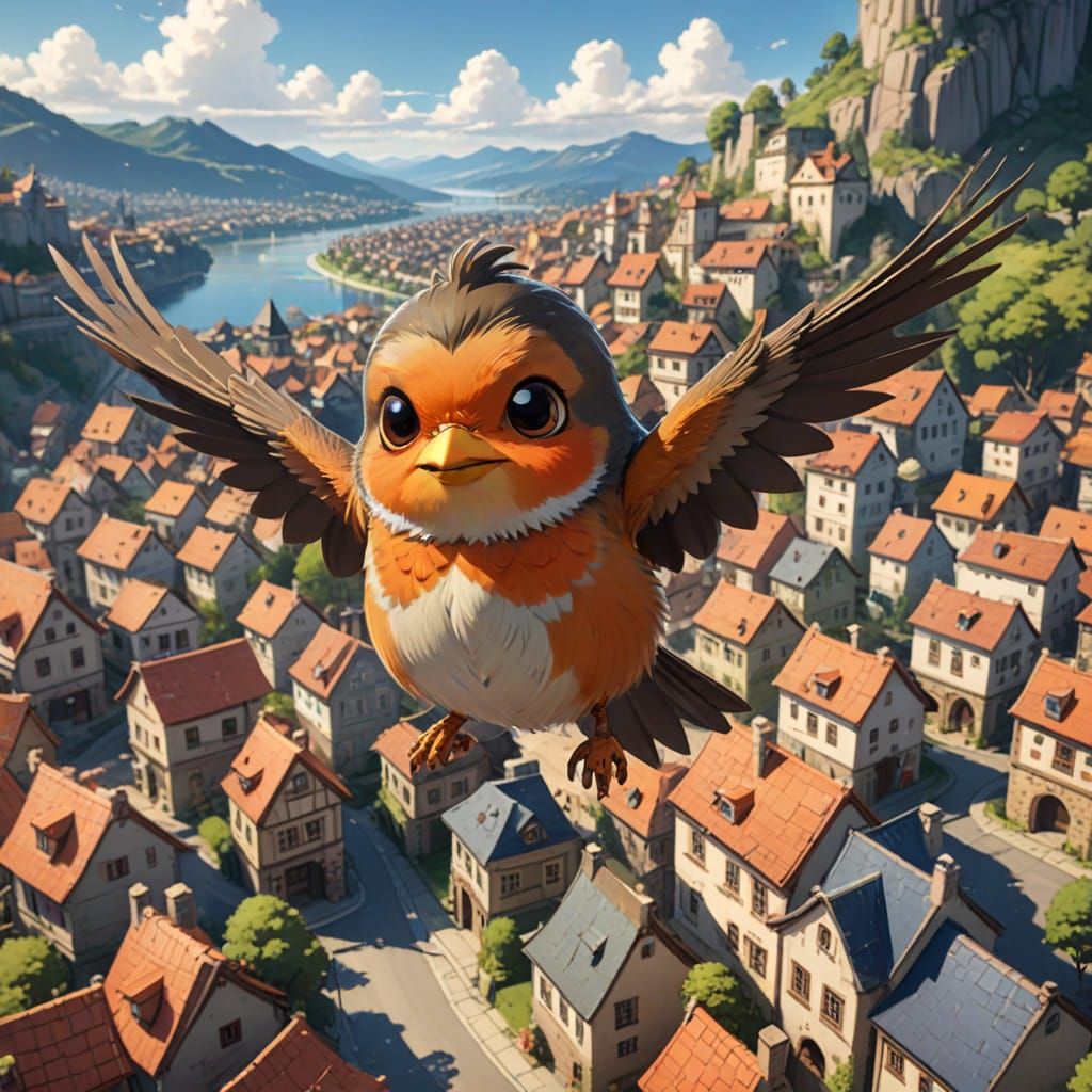 Proud Robin Flying Above Picturesque Town in Anime Style