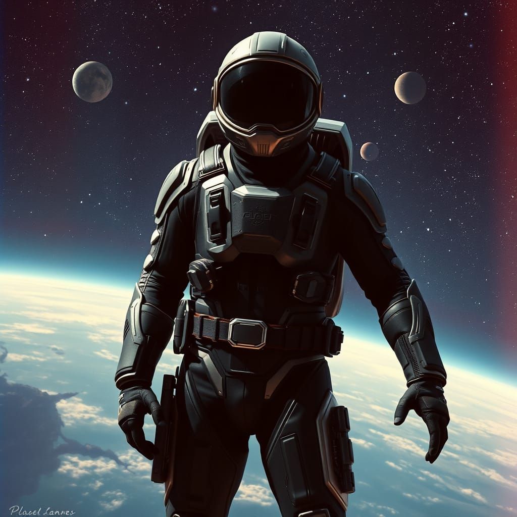 Heroic Space Pilot in Futuristic Exosuit Amidst Celestial Ga...
