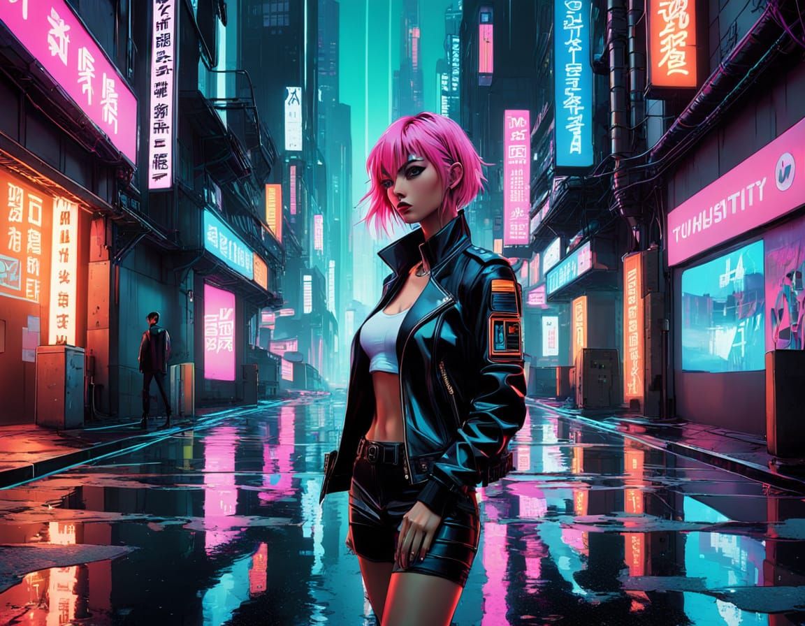 Cyberpunk Cat Girl in Neon Alleyway, Anime Style