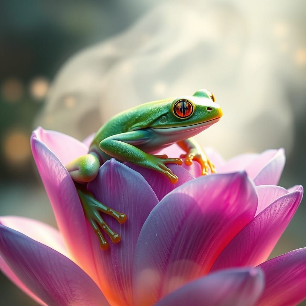 Vibrant Green Frog Sits on Lavender Bloom in Ethereal Fog