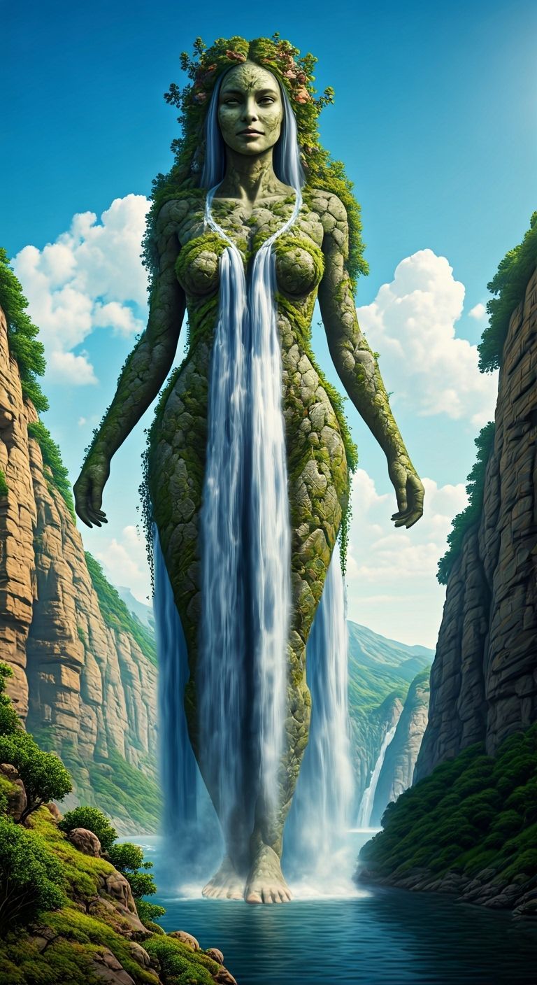 Granite Giantess with Waterfall Hair in Hyperreal Style