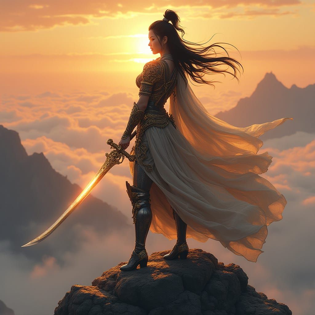 Triumphant Female Warrior at Sunset Peak