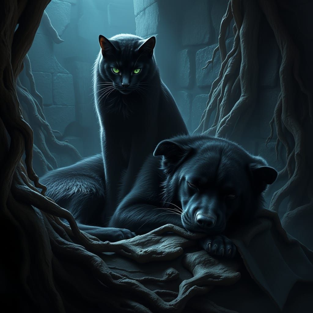 Majestic Black Cat Guards Slumbering Giant Dog in Haunting F...