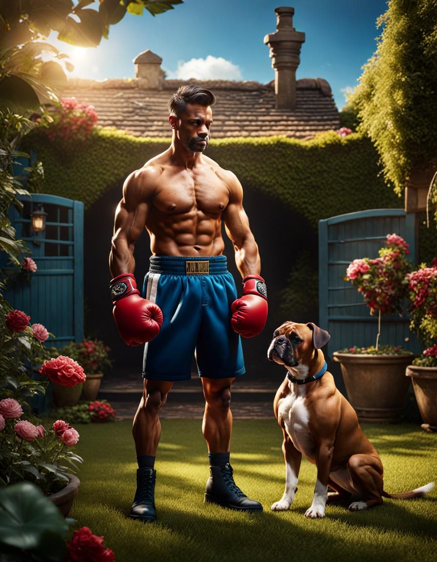 Boxer and Dog in Garden: Detailed Matte Painting