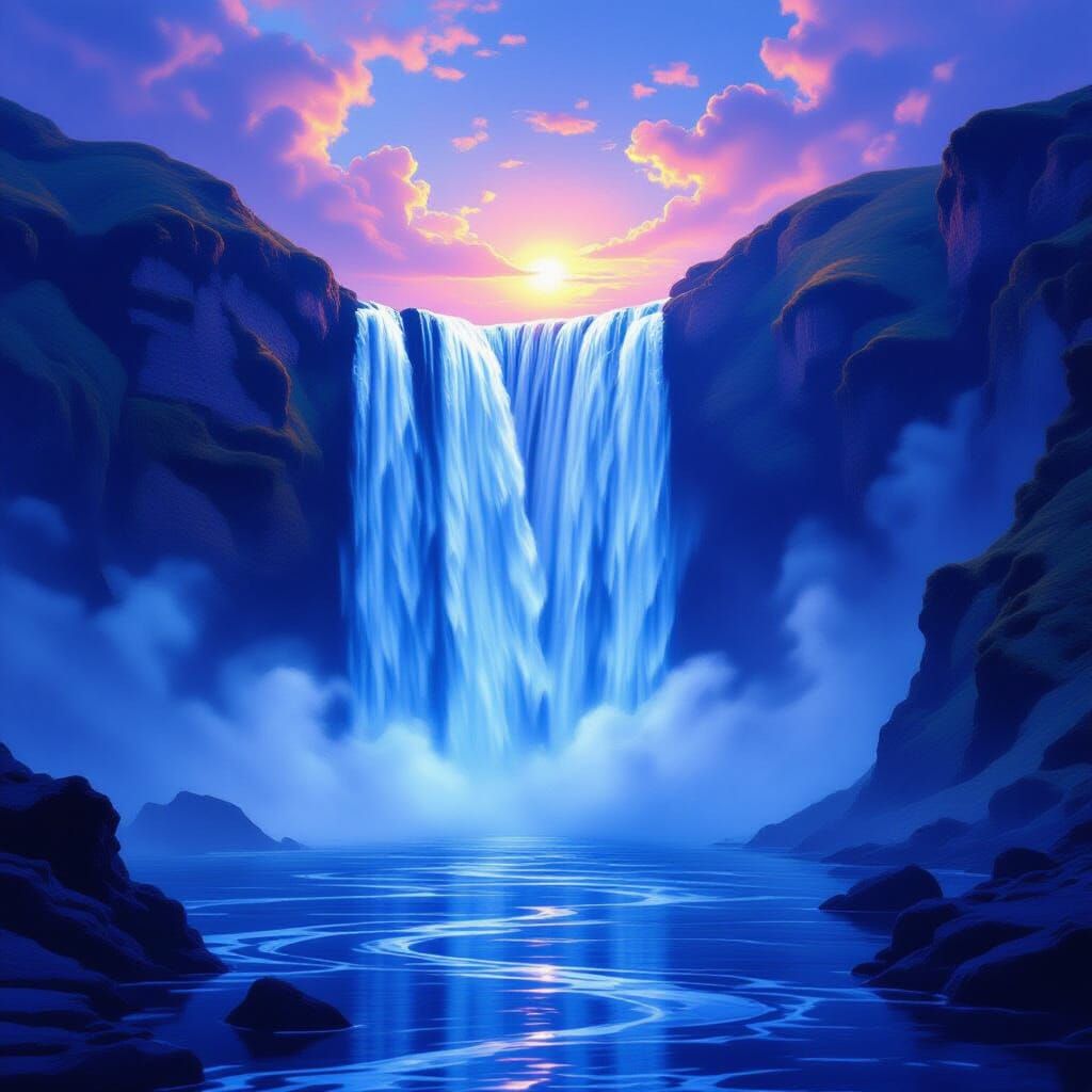 Majestic Waterfall into Endless Void with Ethereal Mist