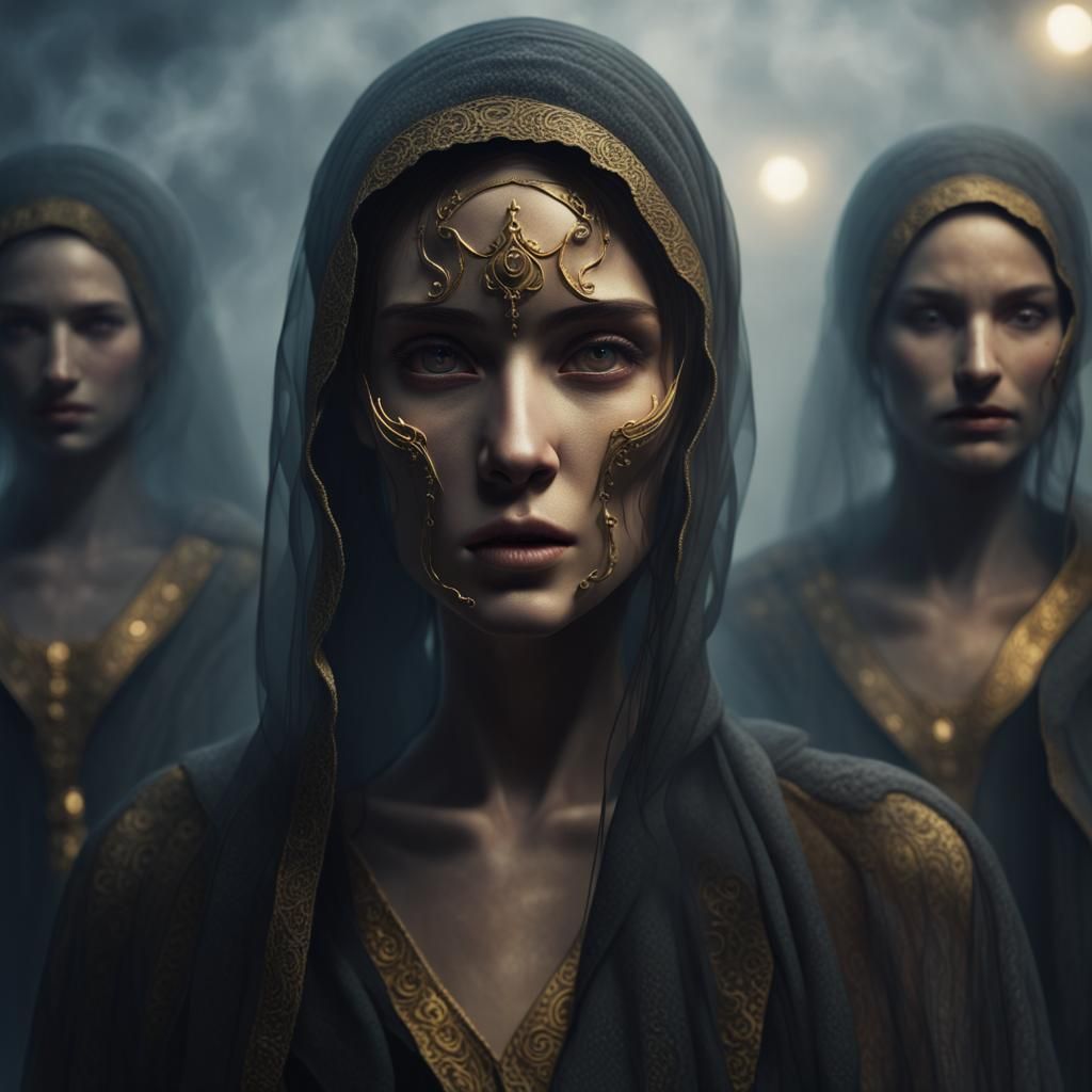 Mysterious Figure with Multiple Faces in Dreamlike Fantasy A...