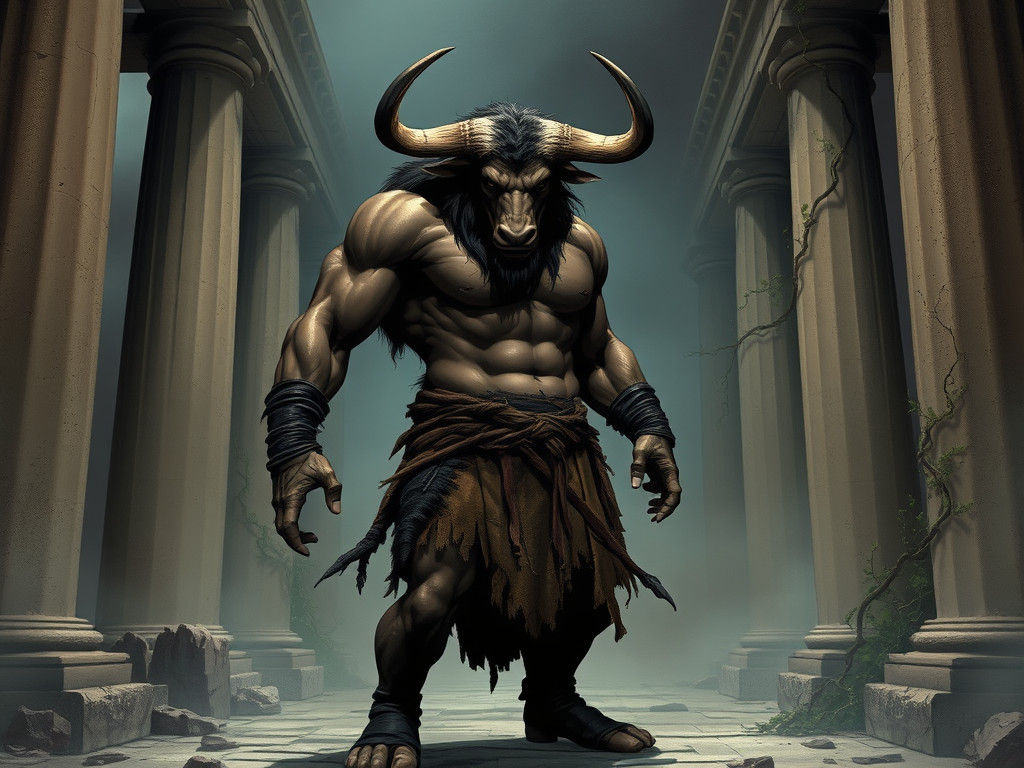 Heroic Minotaur in Ancient Temple, Dark Fantasy Illustration