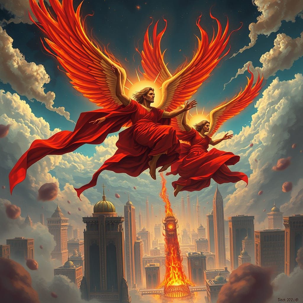 Cherubims Soaring Over Future Cityscape in Mystical Realism