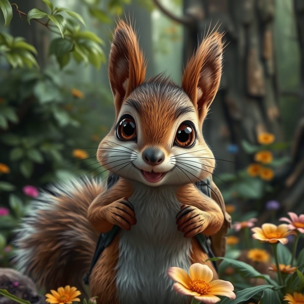 Hyperrealistic Squirrel with Cartoon Eyes in Forest
