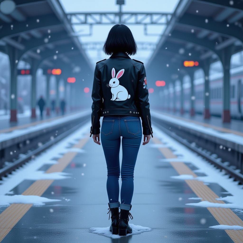 Anime Style Woman on Snowy Train Platform