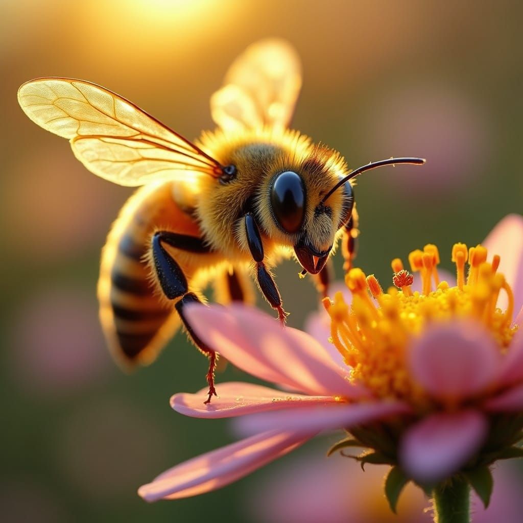 Hyper-Realistic Honeybee in Golden Light