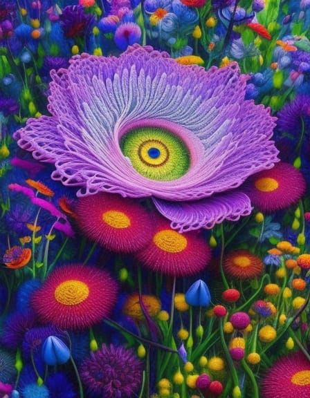 Embroidered Eye with Lace Flowers in Magic Realism