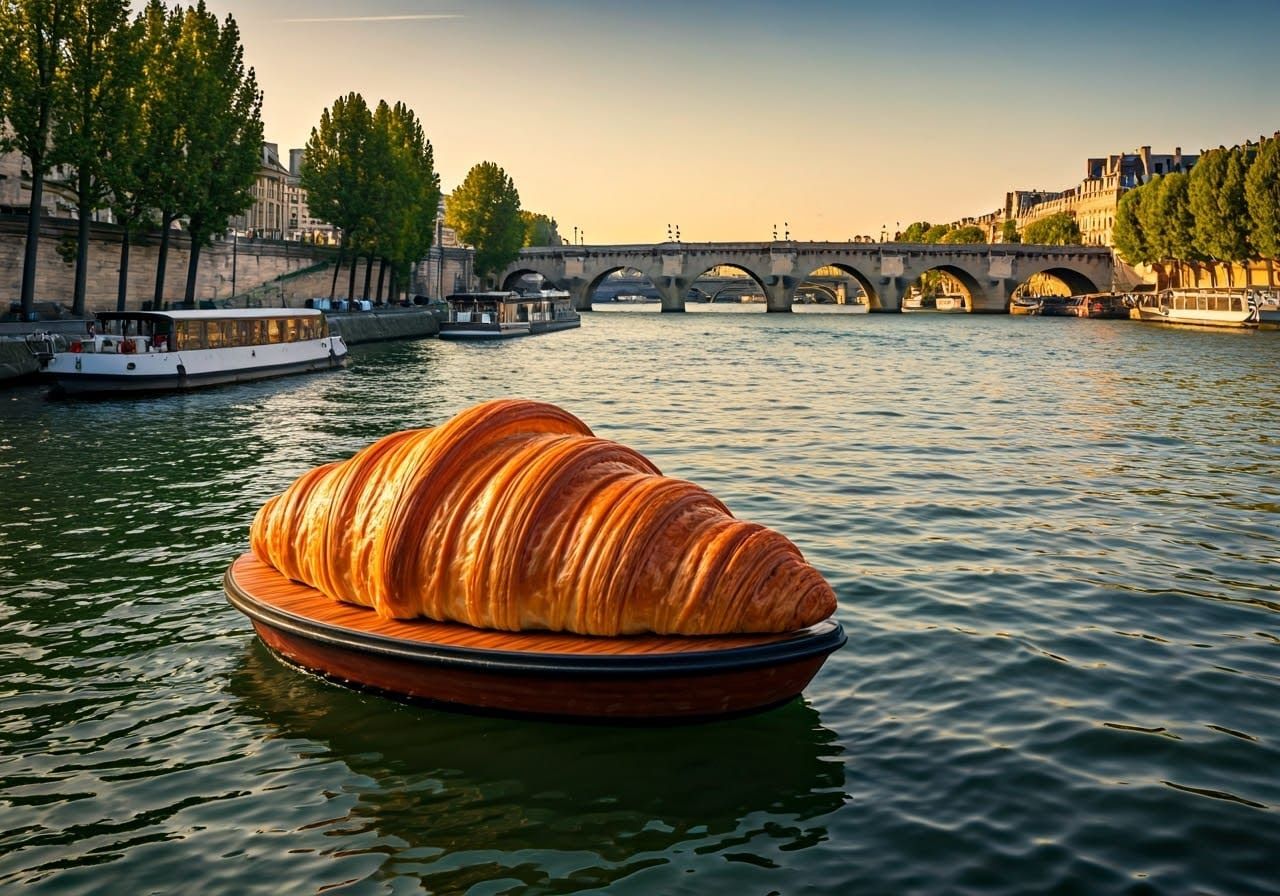 Croissant Boat Floats on Seine River, Paris