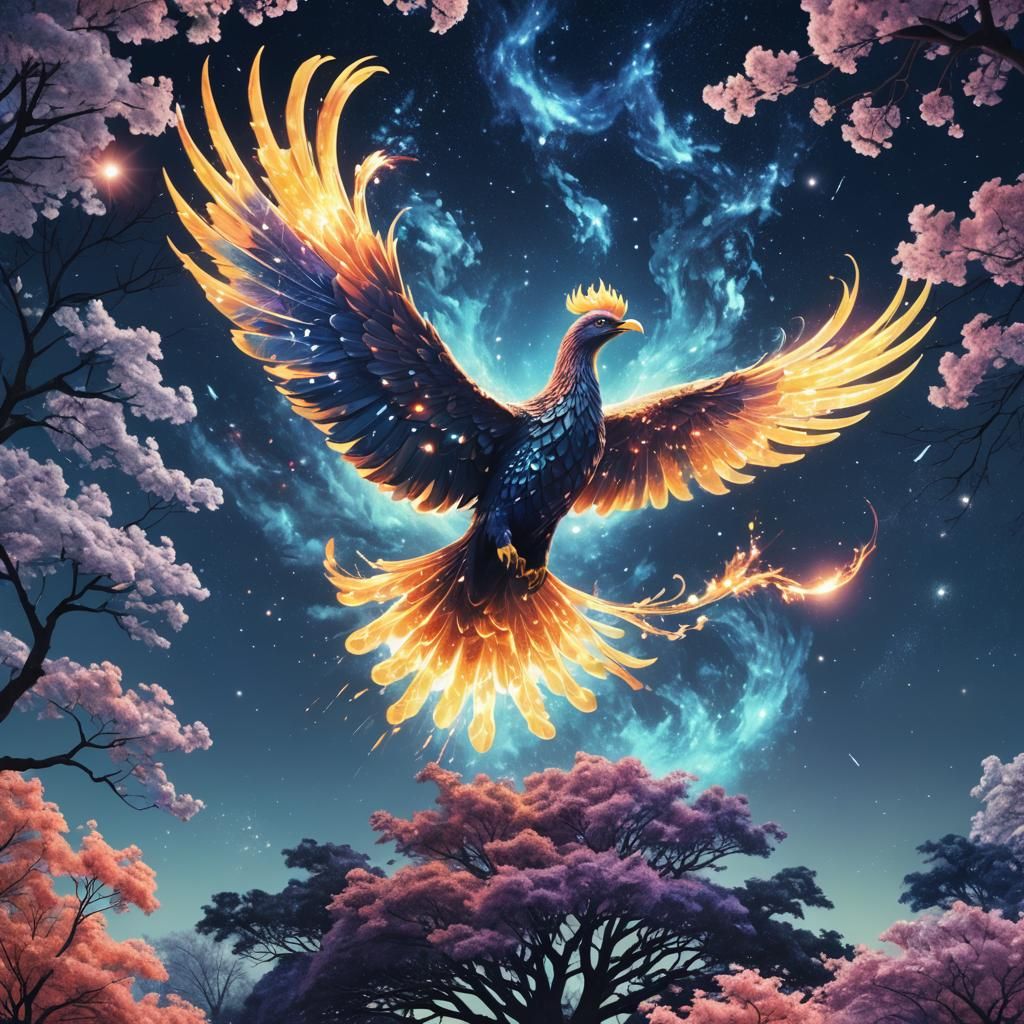 Phoenix Soaring in Nebula Night: Digital Illustration