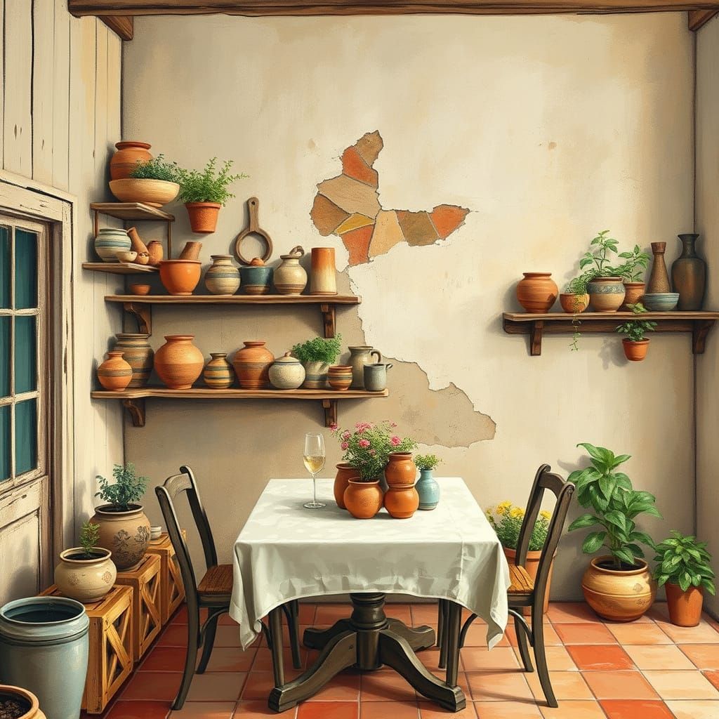 Rustic Mediterranean Dining Room with Vintage Ceramics