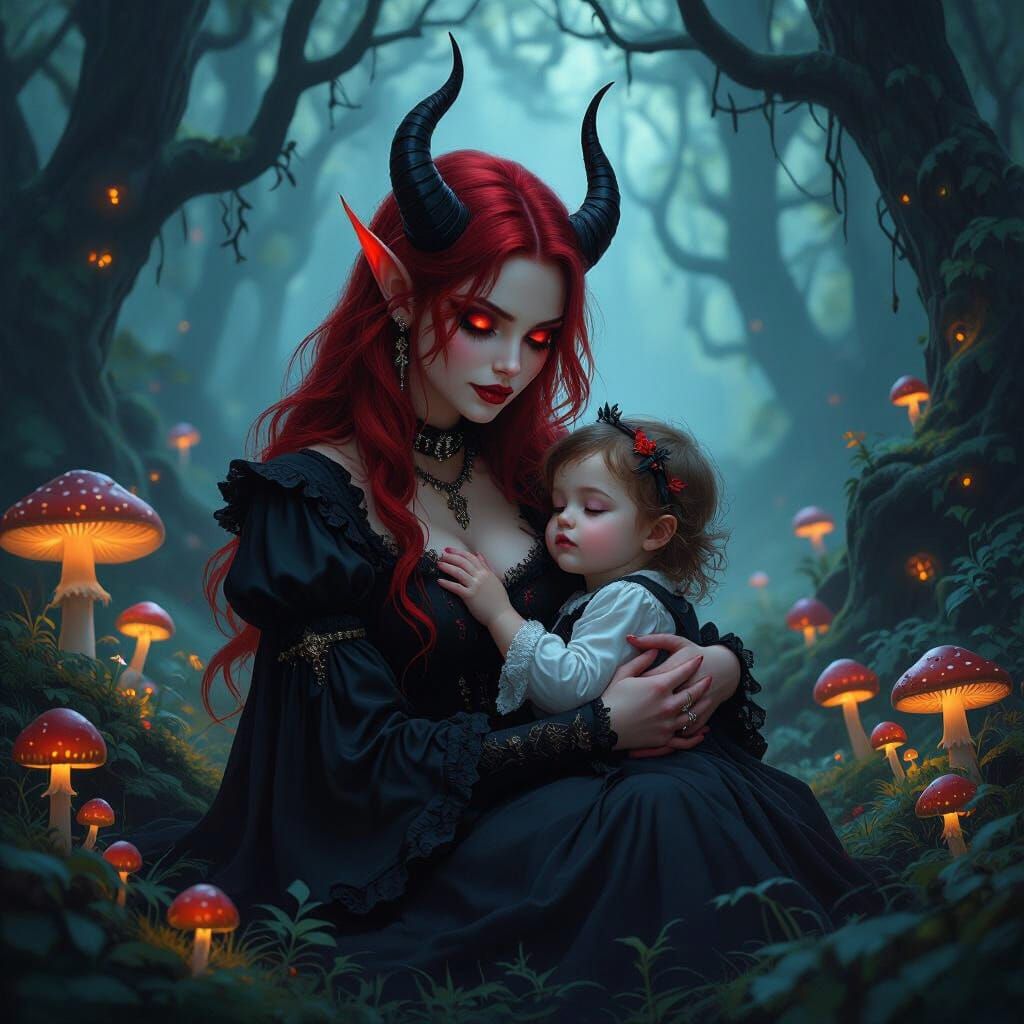 Demon Mother and Child in Enchanted Forest