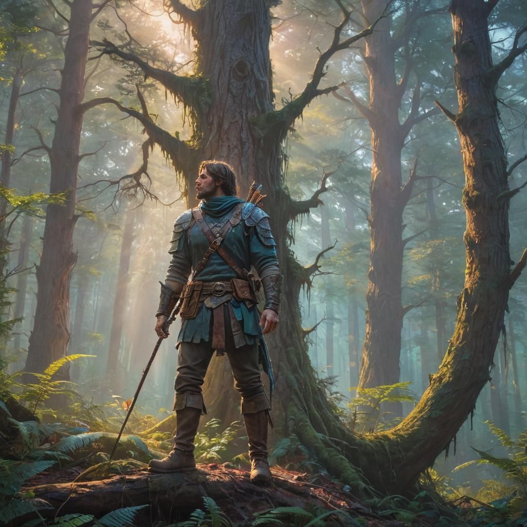 Mystical Forest Adventurer in Vibrant Oil Painting