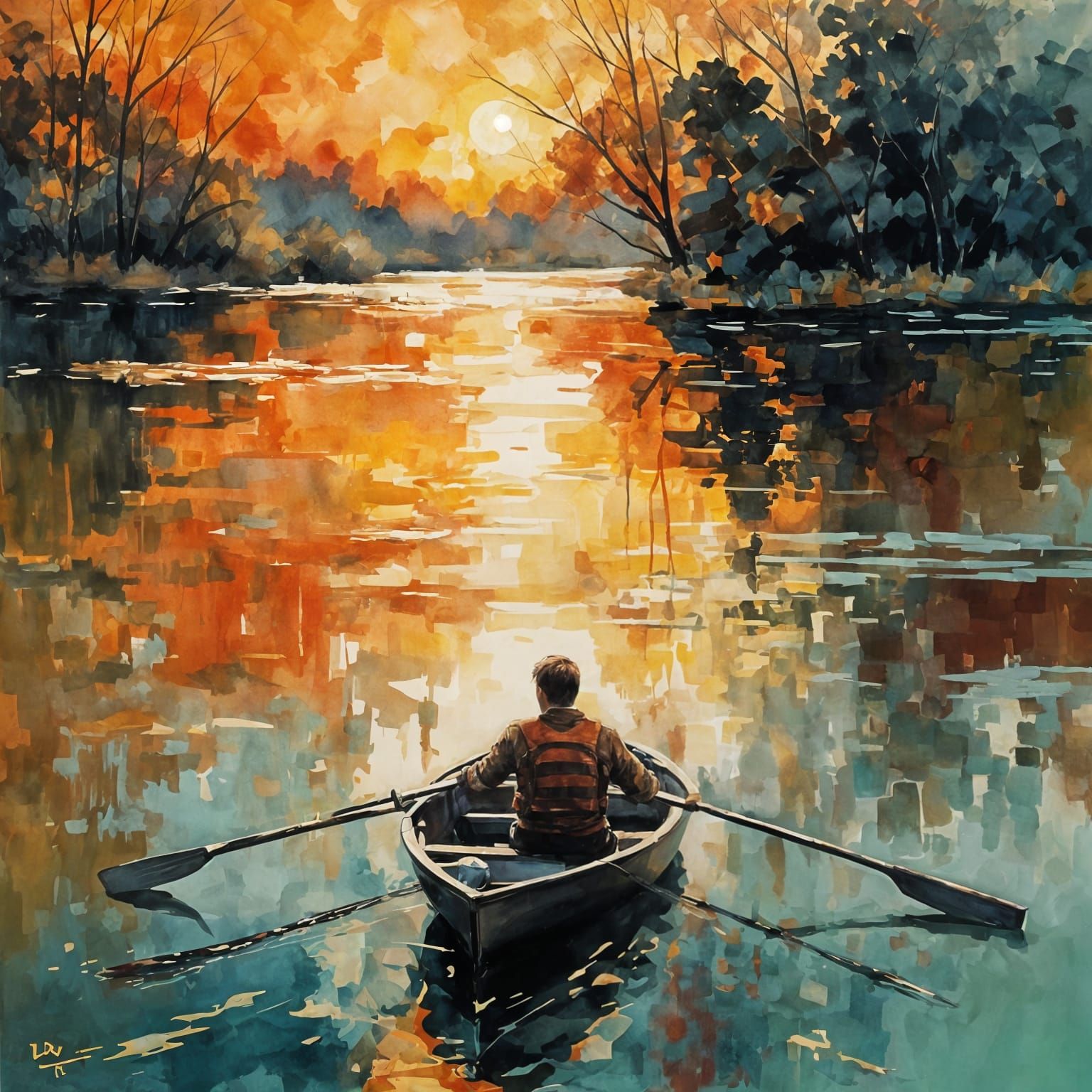 Sunset Lake Double Exposure in Gouache Style