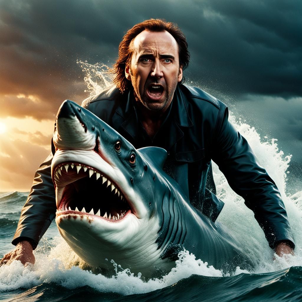 Nicolas Cage Battles a Shark in Stormy Ocean