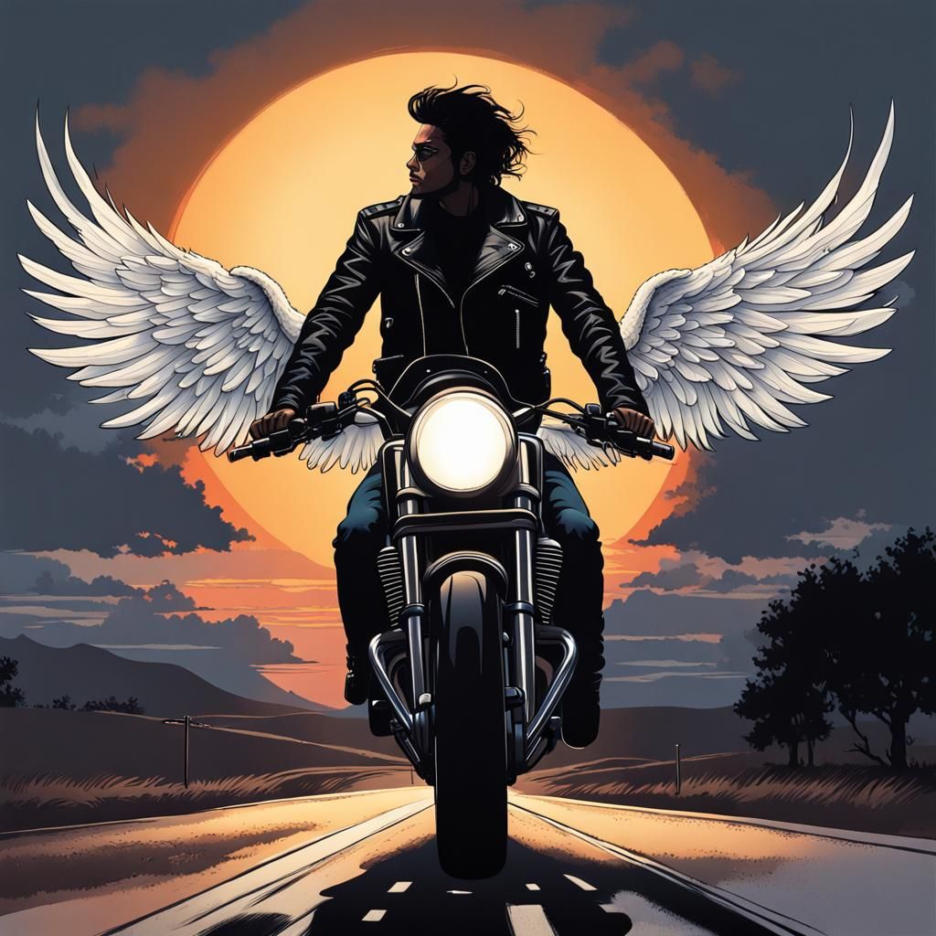 Biker with Angel Wings at Sunset