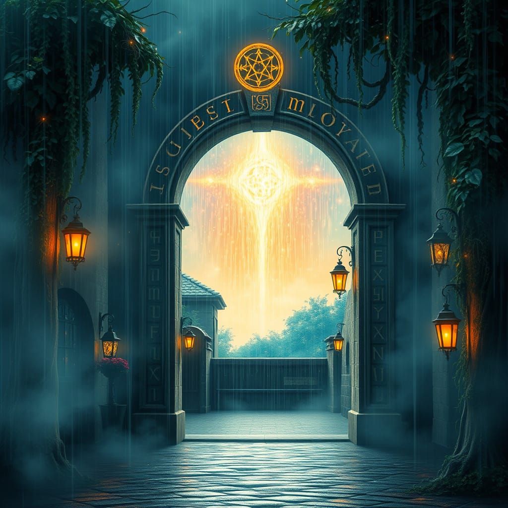 Mystical Stone Archway in a Rainy, Cobblestone Street