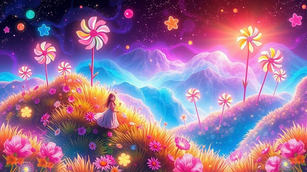 Neon Stained-Glass Pasture with Bioluminescent Girls