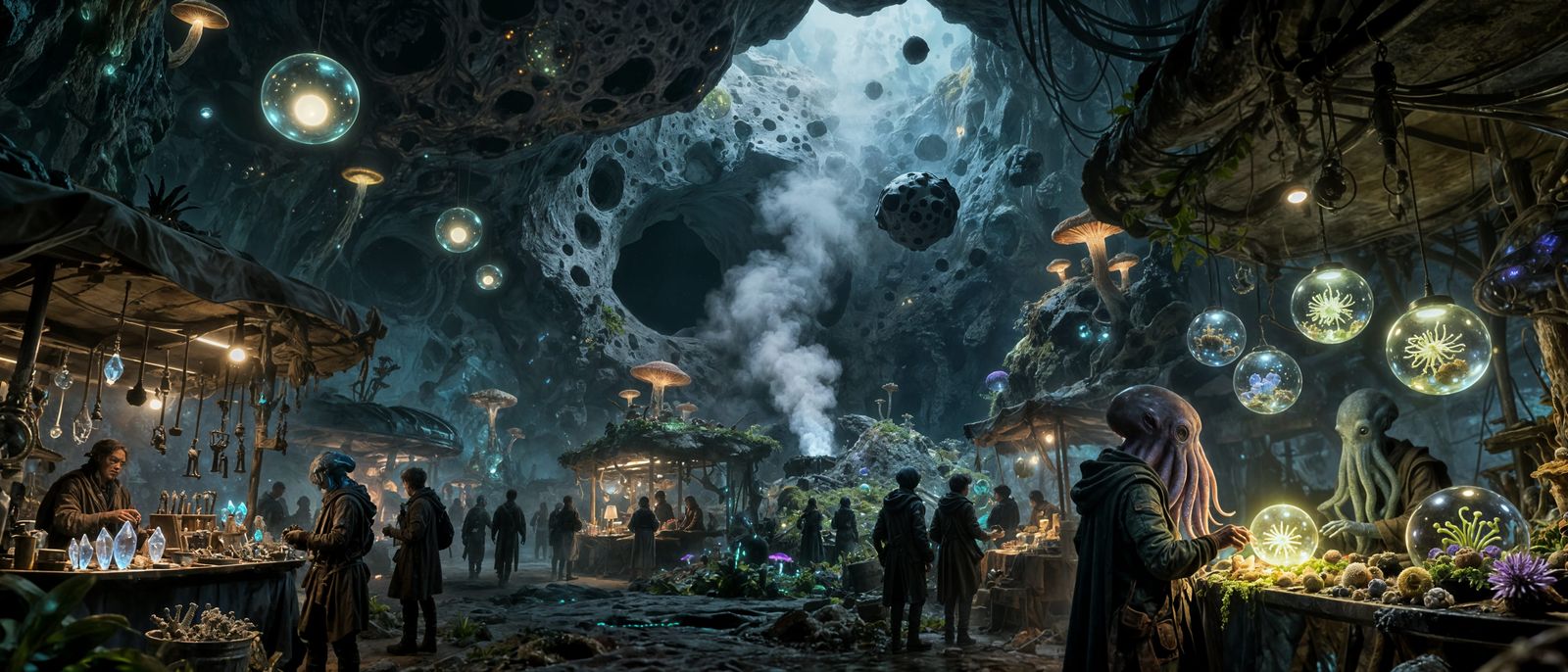 Alien Market in Hollow Asteroid with Bioluminescent Fungi