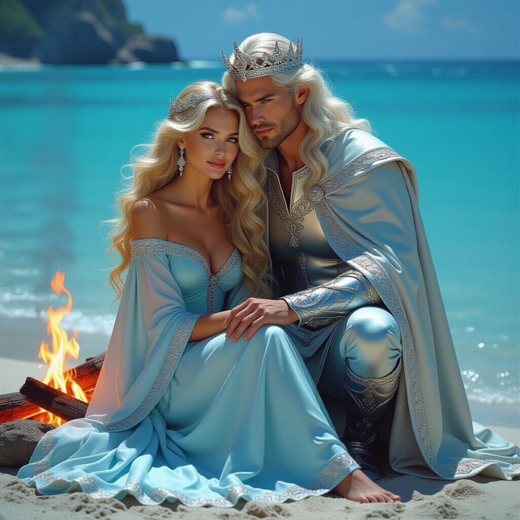 King and Queen Embrace by the Sea, in Art Nouveau Style