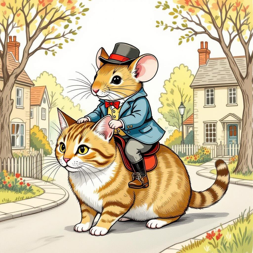 Mouse Rides Cat, in Beatrix Potter Style