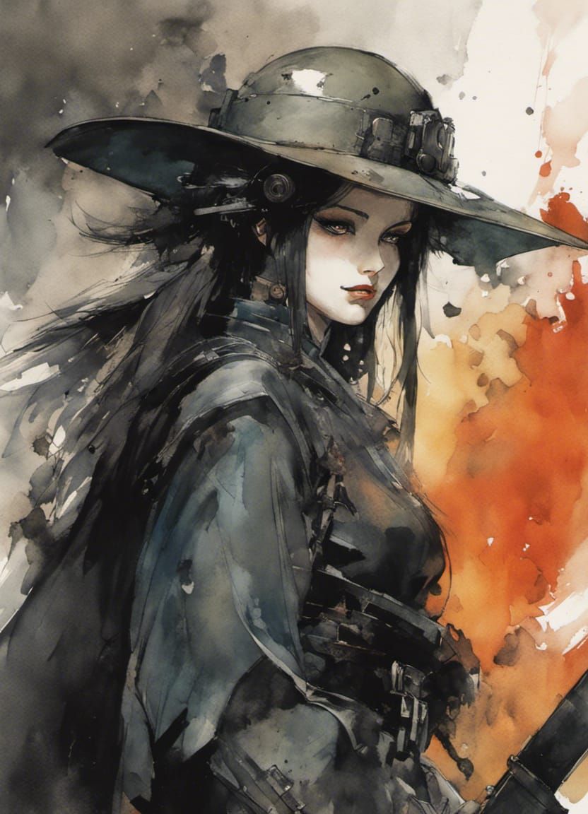 Gothic Witch Mechwarrior in Watercolor Sketch Style