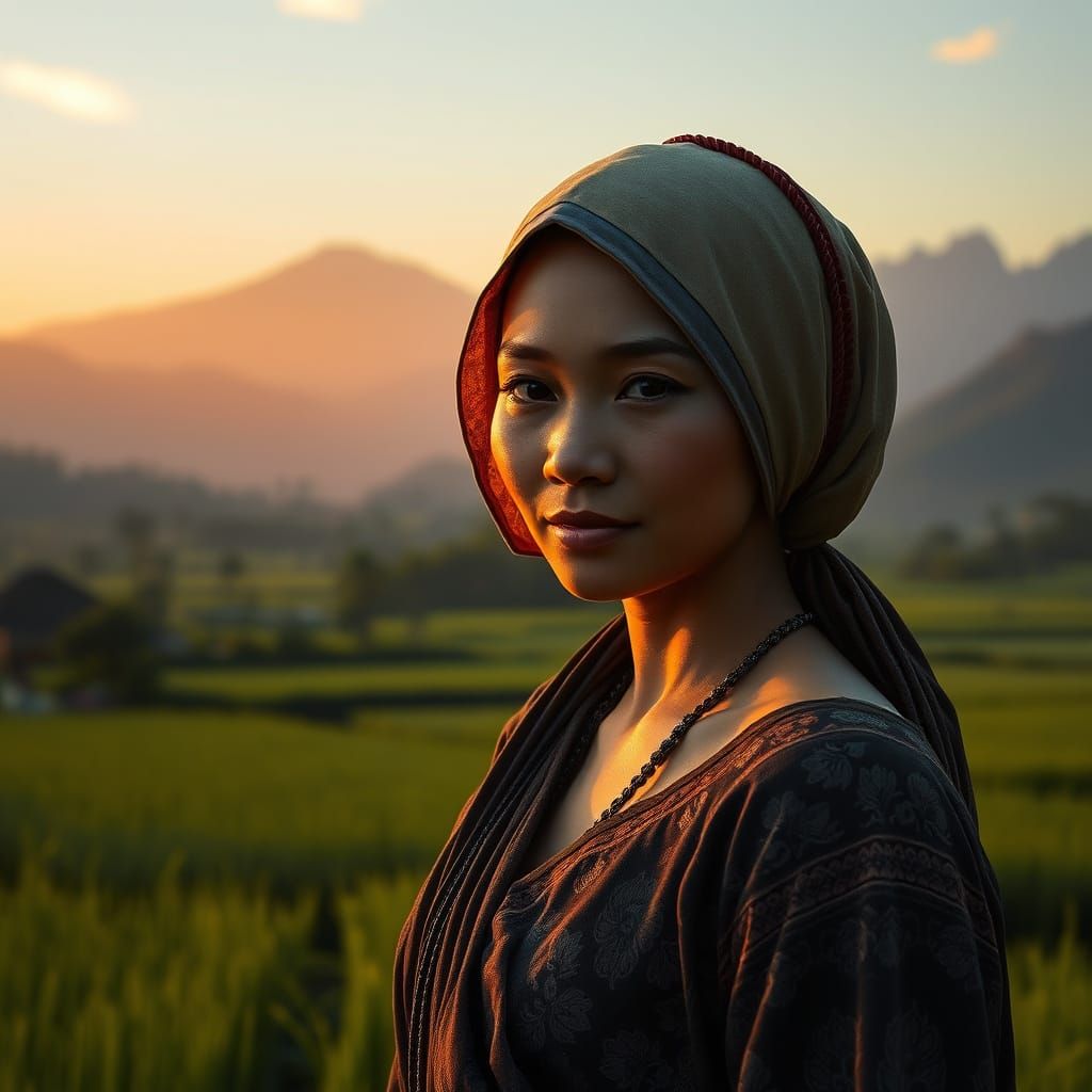 Balinese Rice Paddy Goddess in Serene Dusk Light