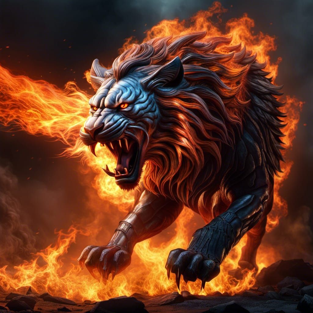Furious Fire Lion Elemental in Hyperrealism