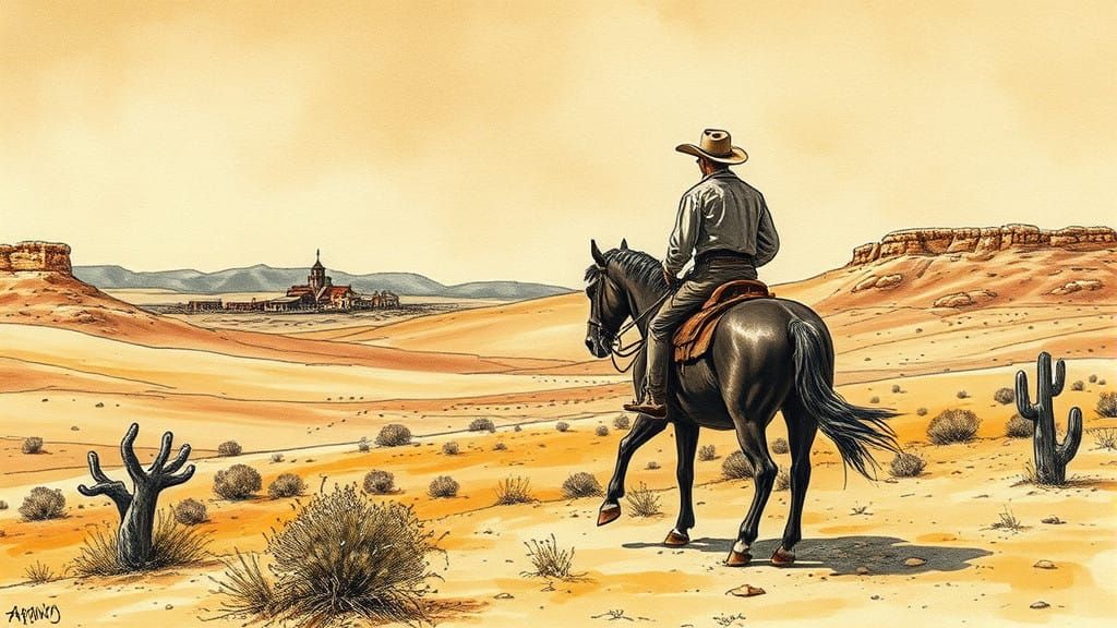 Wild West Cowboy Riding into Tabernas Desert Town