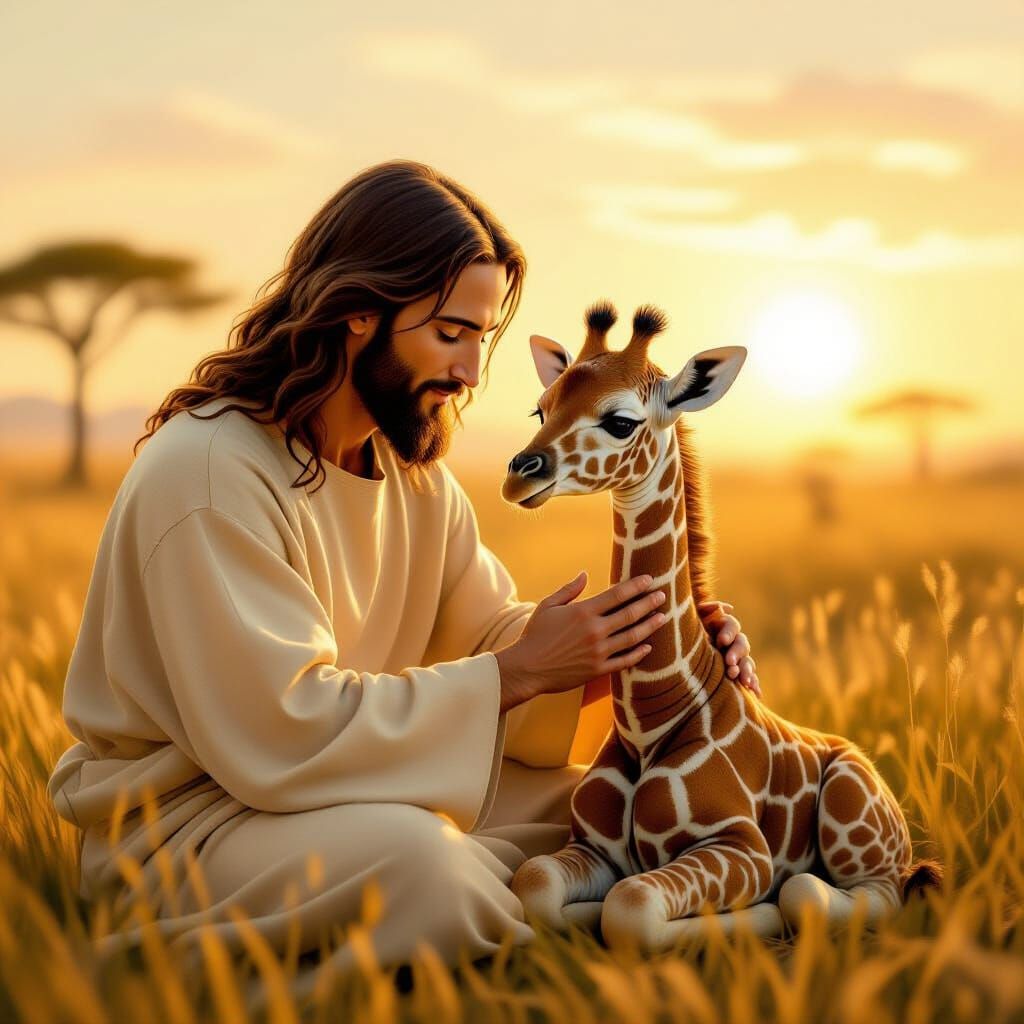Jesus Christ Tends Baby Giraffe on Sunlit Savanna