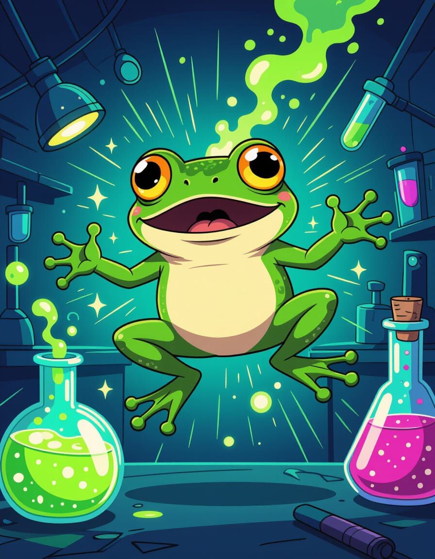 Cartoon Frog's Shocking Discovery in Science Lab