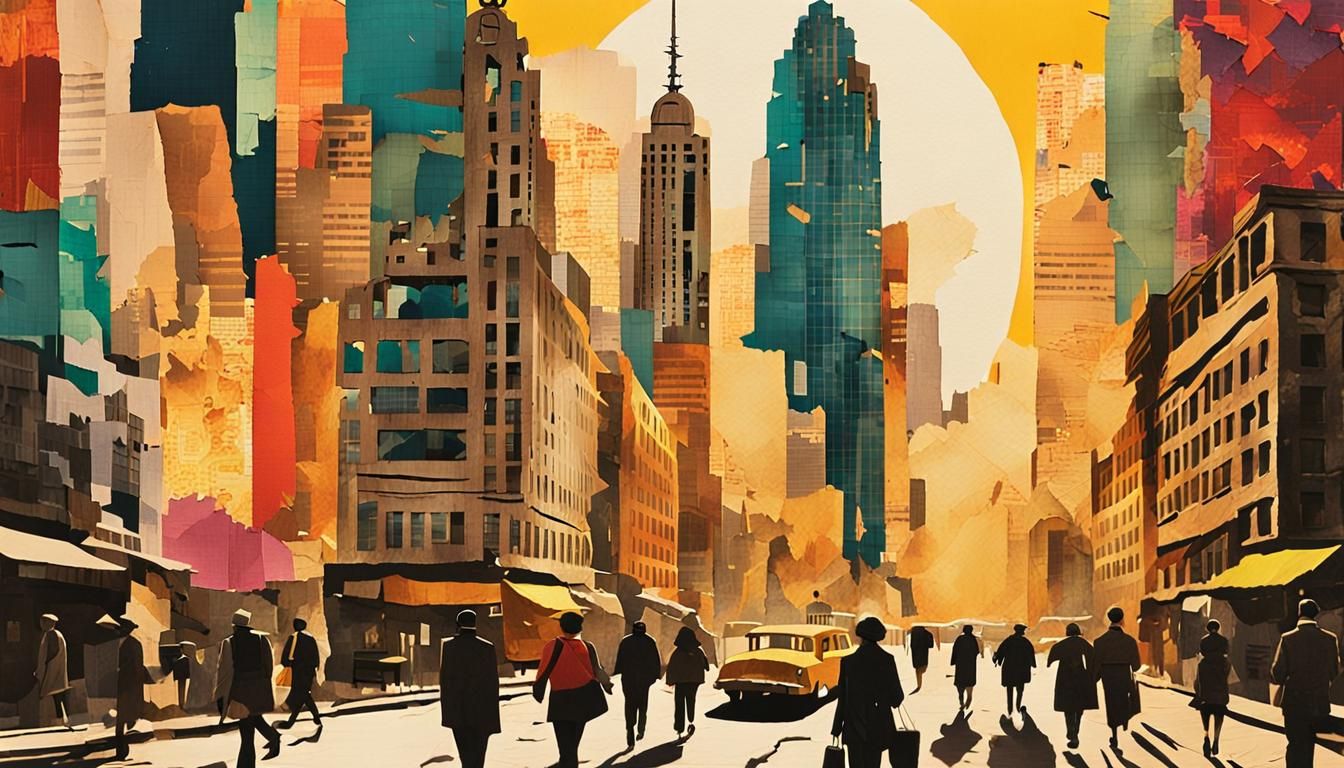 Collage Cityscape with Vintage Paper and Fabric