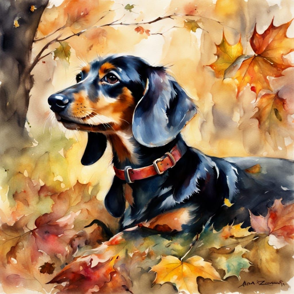 Dachshund Joyfully Plays Among Autumn Leaves in Watercolour