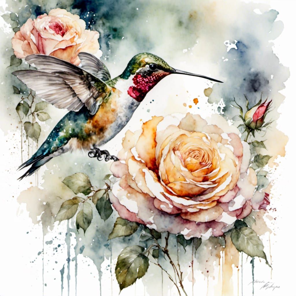 Hummingbird and Rose Watercolor Art