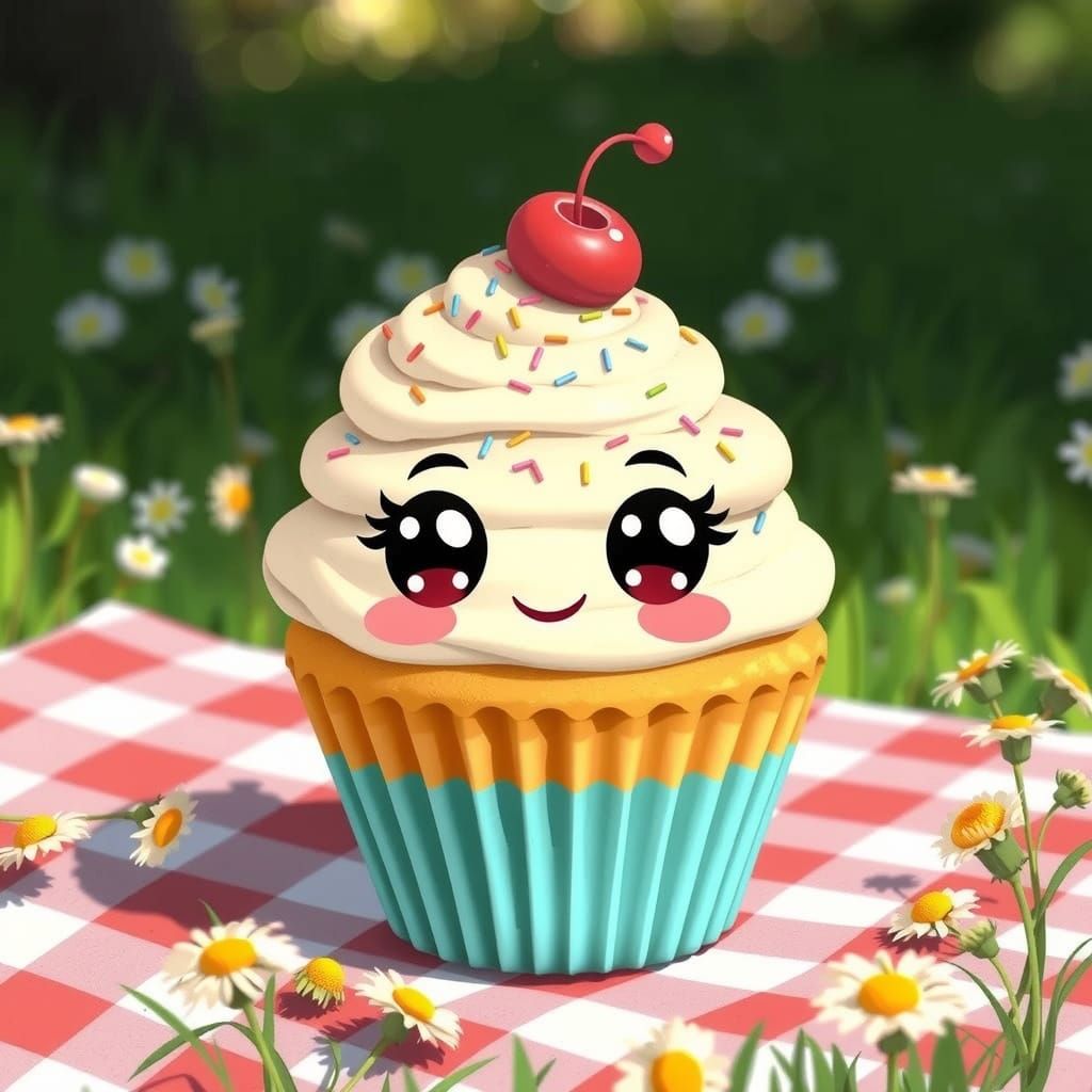 Cheerful Kawaii Cupcake on Picnic Blanket