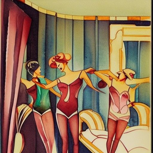 Art Deco Bedroom Scene with Cabaret Dancers