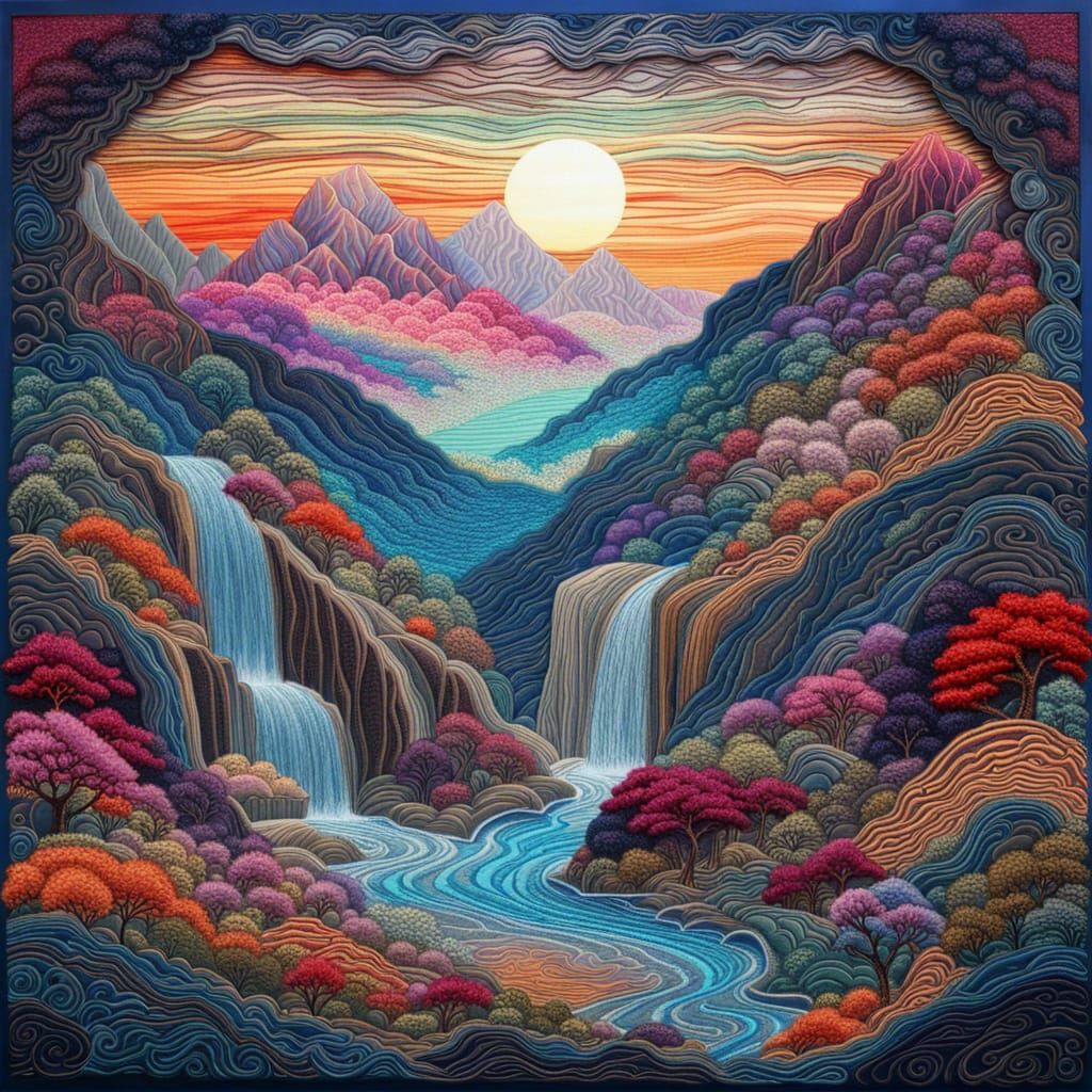 Mountain Landscape in Textile Art Style