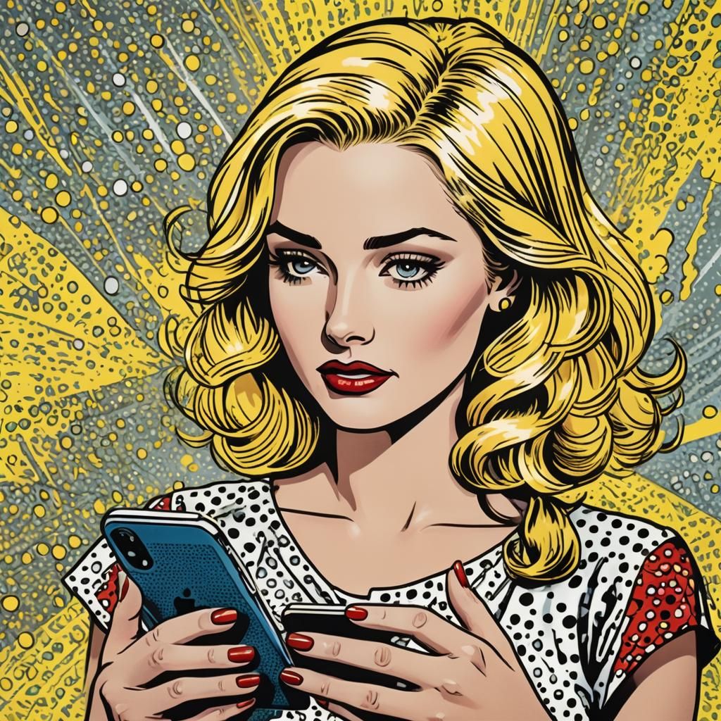 Blonde Woman with iPhone in Pop Art Style