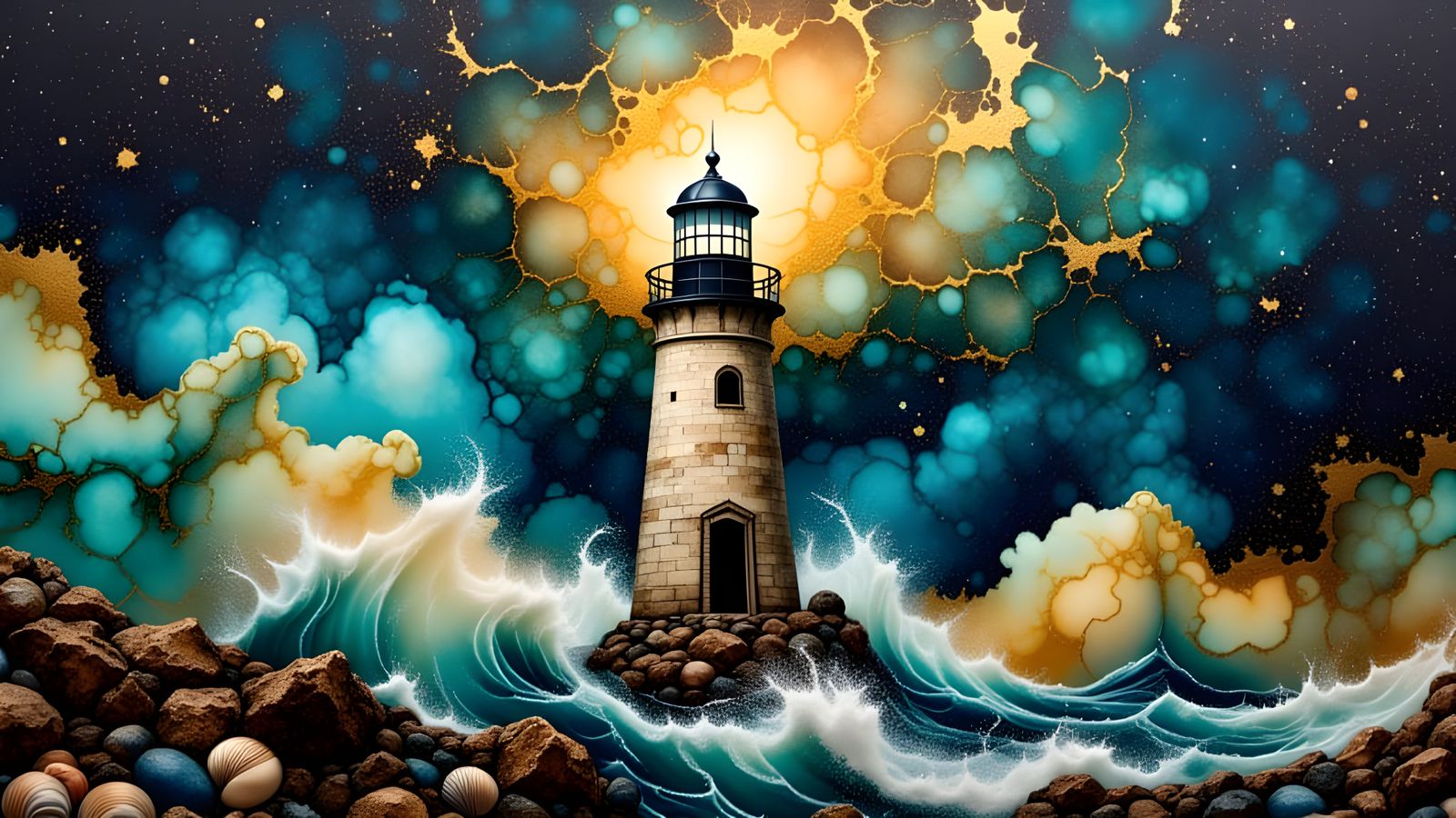 Lighthouse Amidst Star Trails and Gemstones