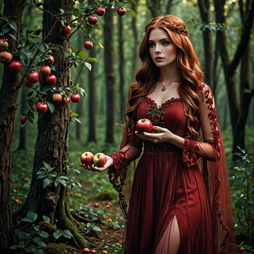 Enchanting Auburn Haired Woman with Apples in Forest