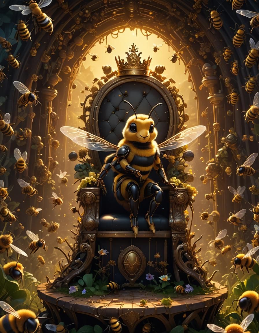 Cute Bee Queen on Hive Throne, Pixar Style