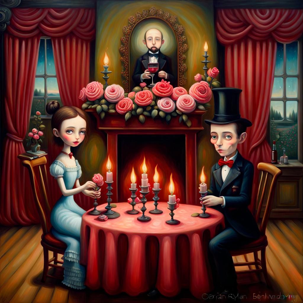 Whimsical Couple Enjoying Wine, Pop Surrealism Style
