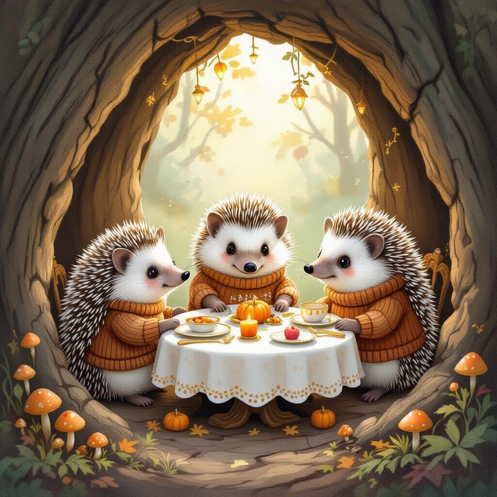 Hedgehog Family Thanksgiving Feast in Ancient Oak