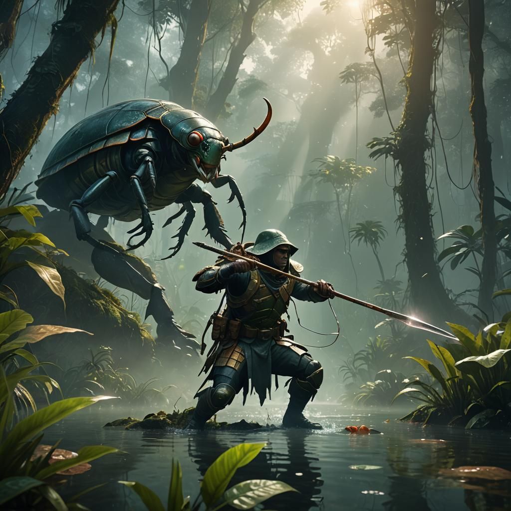 Hunter in Misty Jungle Aims Spear at Beetle