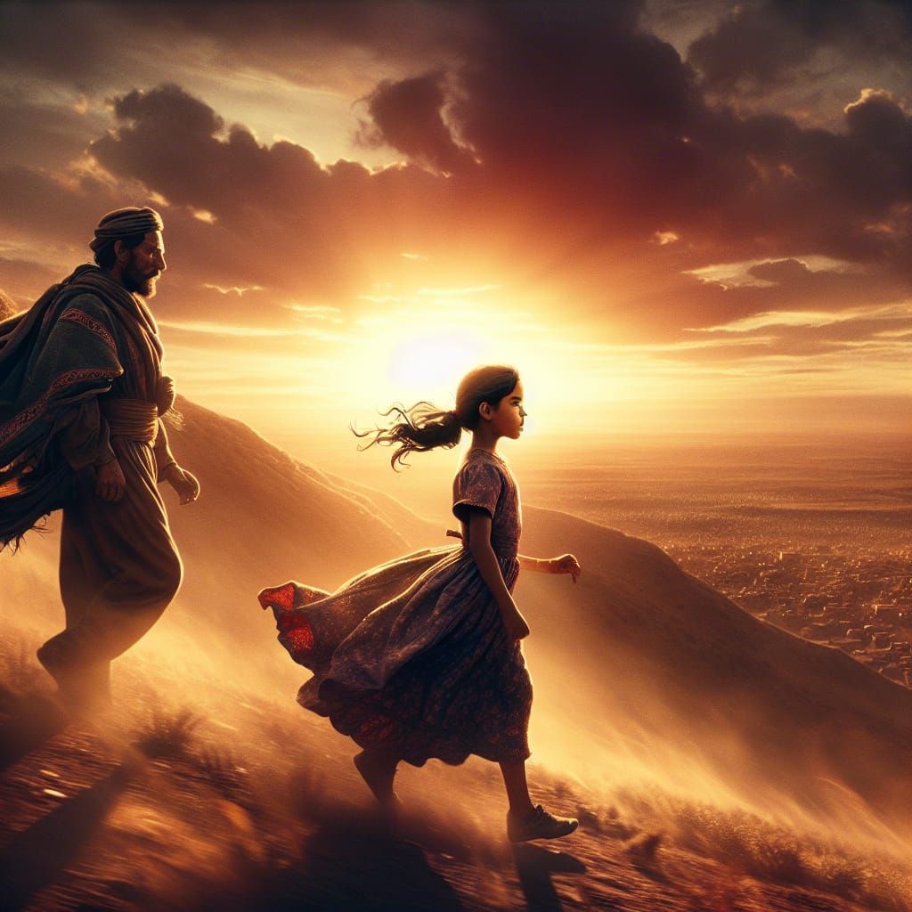 Father and Daughter Walking at Sunset: Digital Matte Paintin...