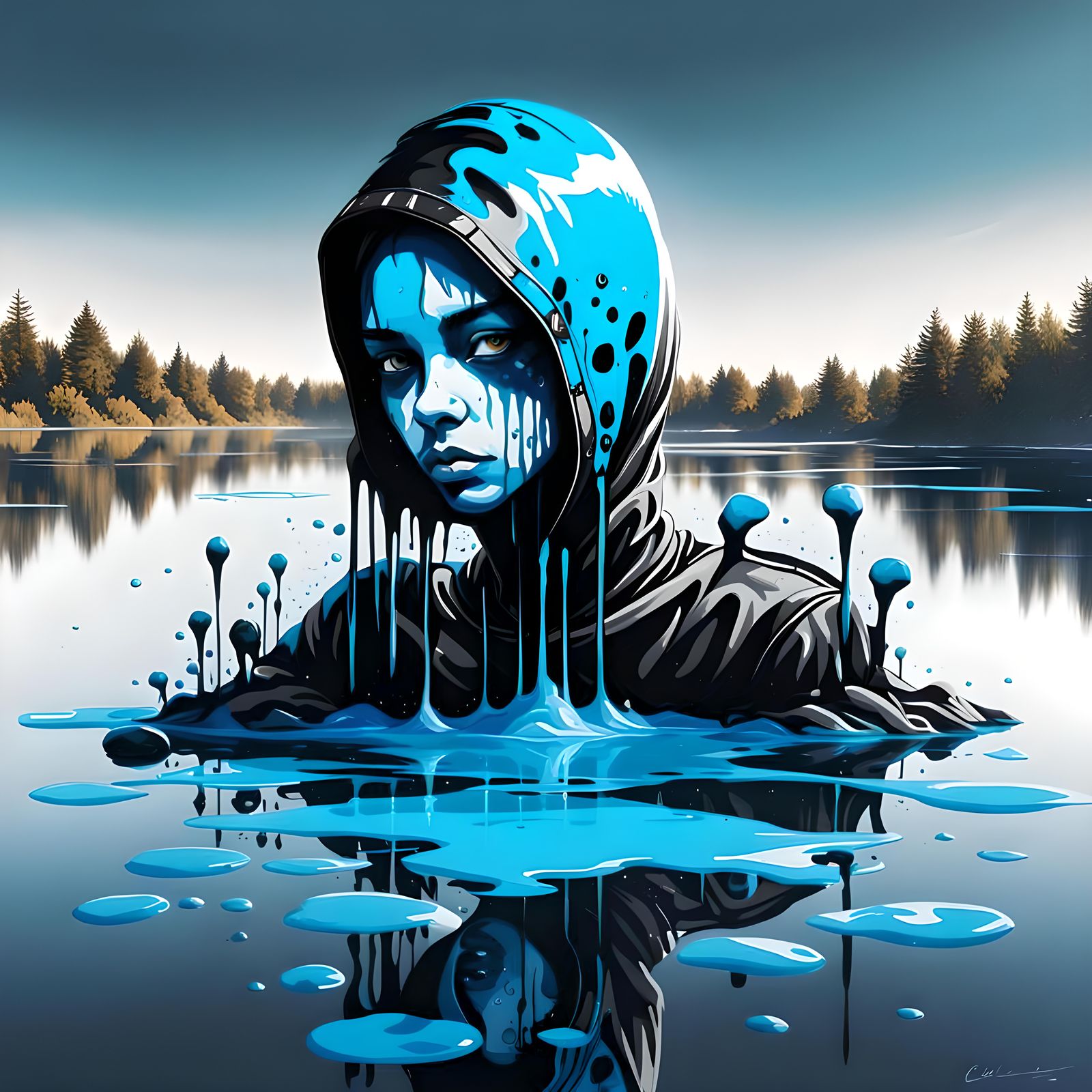 Black Figure on Fluorescent Blue Lake: Graffiti Art